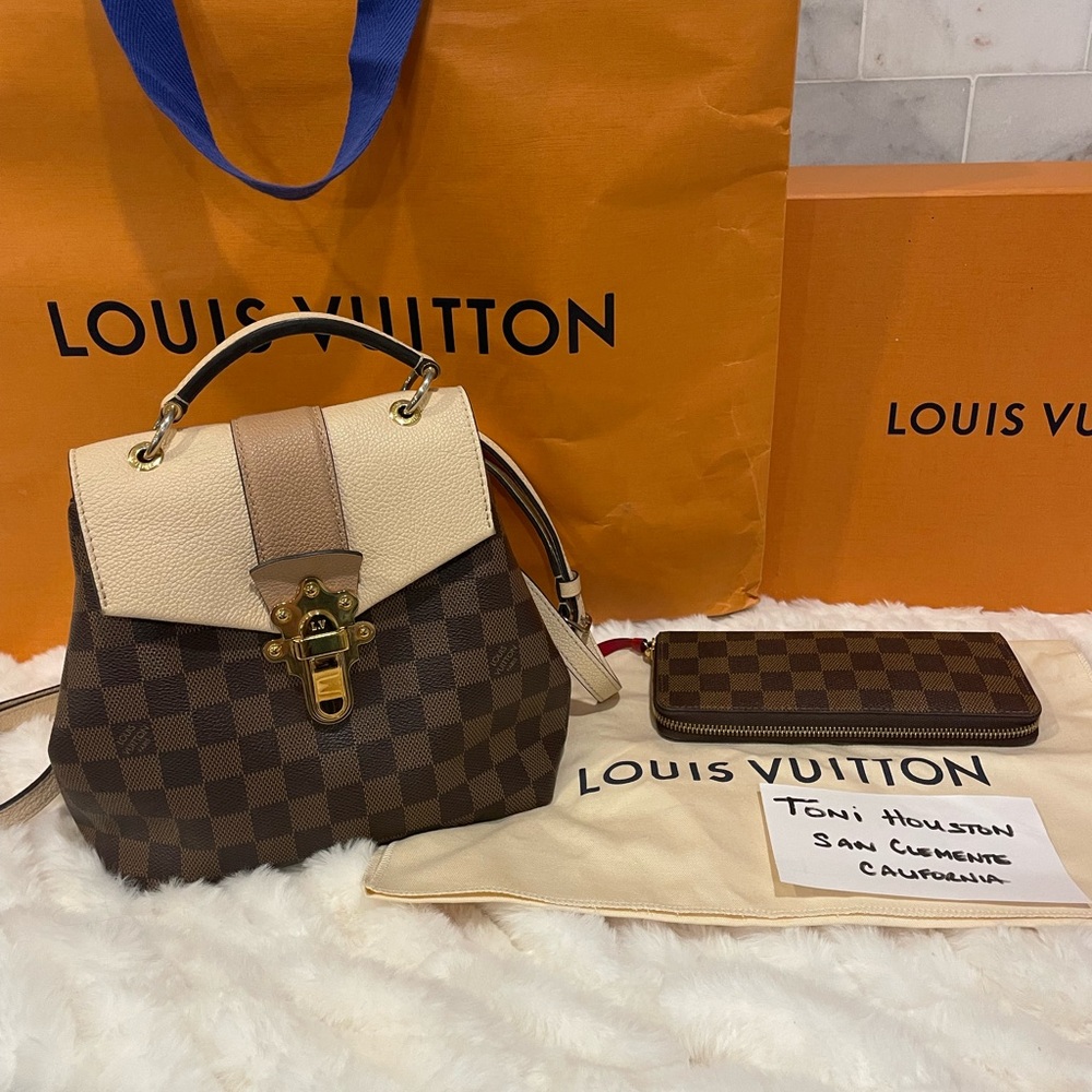 Louis Vuitton Damier Ebene Clapton Backpack with matching Clemence Ebene Wallet